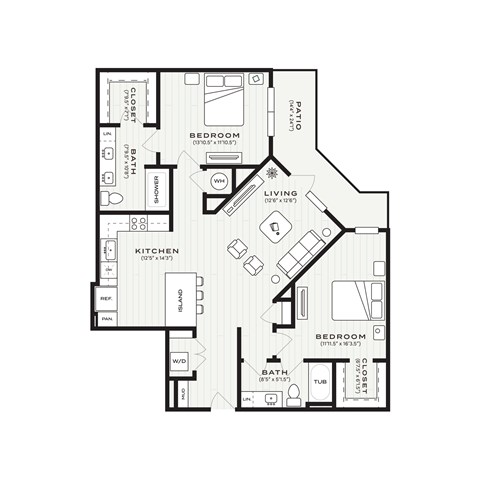 Floor plan for 2 beds, 2 baths, 1256 sqft